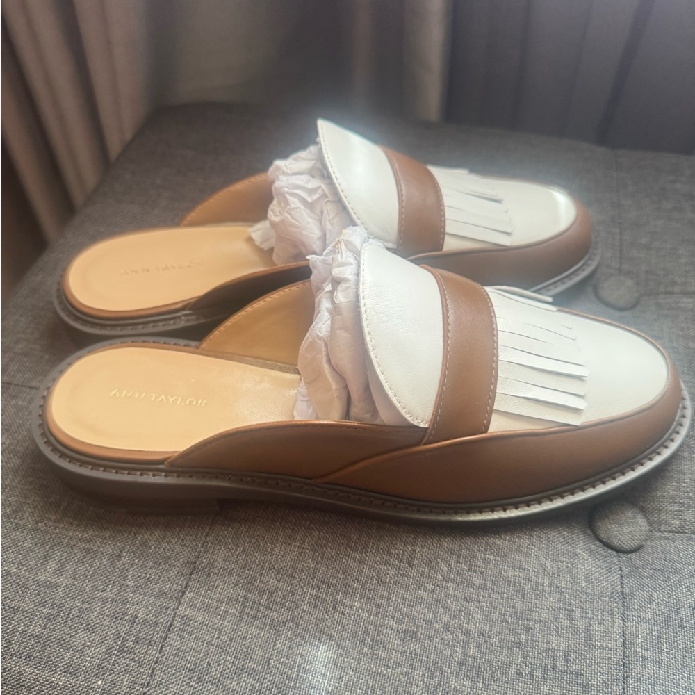 Ann Taylor Brown and White Mules with Fringe